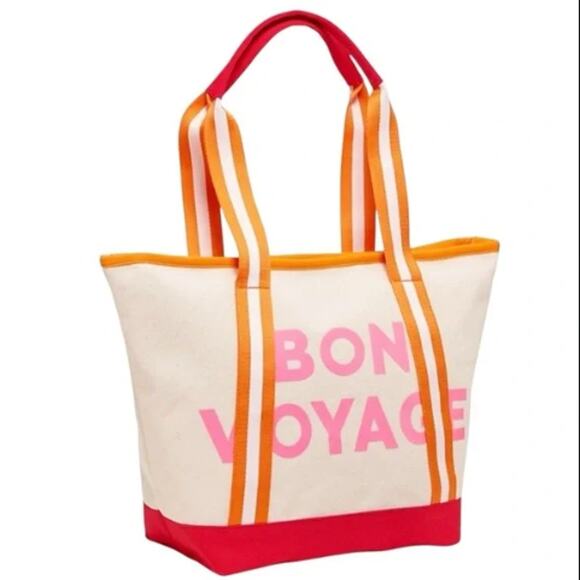 Old Navy Bon Voyage Canvas Tote Bag Red Orange Pink NEW Beach Vacation - Picture 1 of 5
